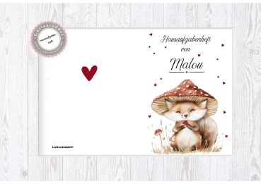 Preview: zuckersüßer Schulheft Umschlag Fuchs Pilz Hausaufgabenheft in seperater Hochwertiger Hülle von Lüttentüddel®